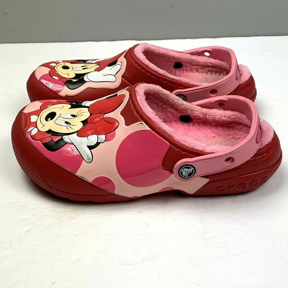 Disney Crocs Minnie Mouse size J3 Red Pink 3 Lined Barely Worn Clog Shoes - Picture 3 of 8